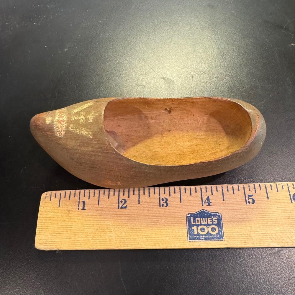 Vintage Wooden Clog Shoe Decor Small Brown Hand Carved Crown Folk Art - Picture 5 of 7